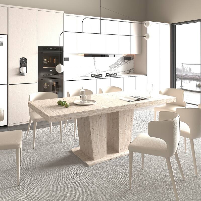 Extendable Dining Table Meeting Table, Wood Kitchen Table for 6-10, Large Office Table with Veined Travertine Pattern