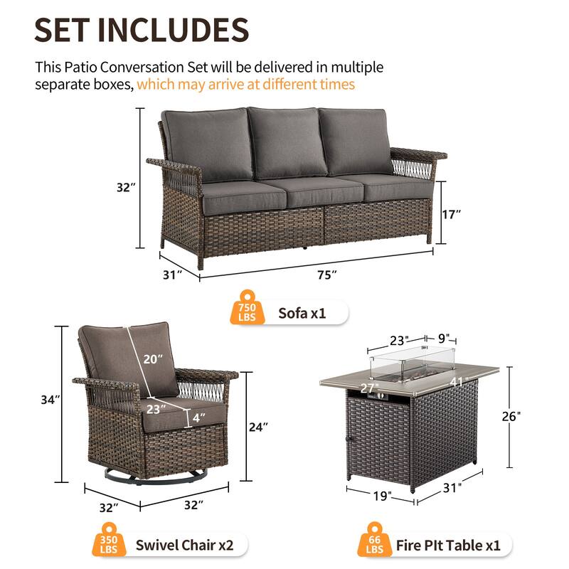 Pocassy 41 in Fire Pit Table with Patio Sofa Swivel Chair Set