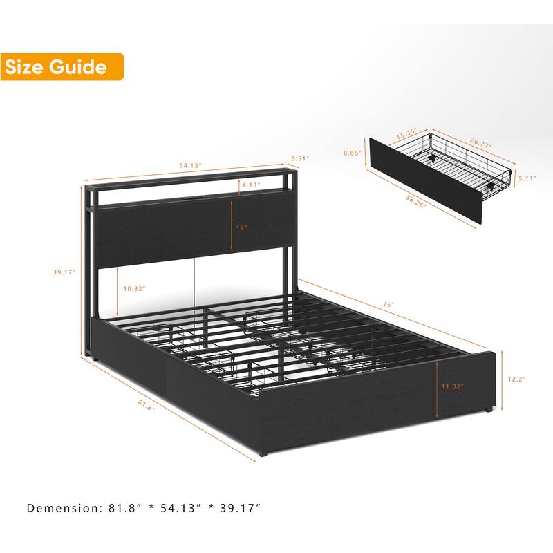 Full Size Storage Bed Frame with LED Lights, USB Charging & 4 Drawers, Easy Assembly, Noise-Free