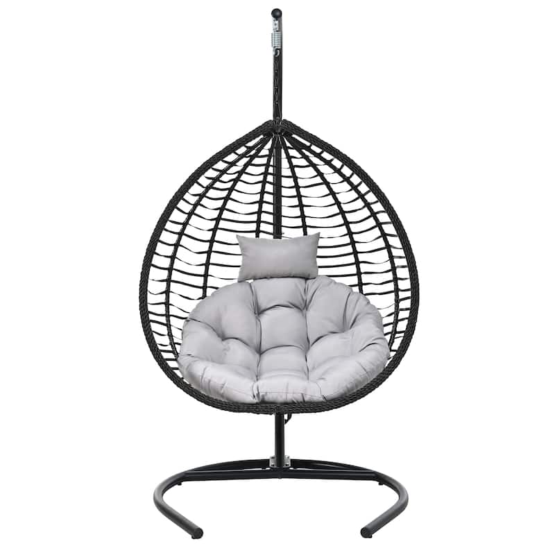 Hanging Hammock Chair with Stand, Foldable Rattan Egg Swing Chair with Iron Frame and Plush Cushion & Removable Headrest