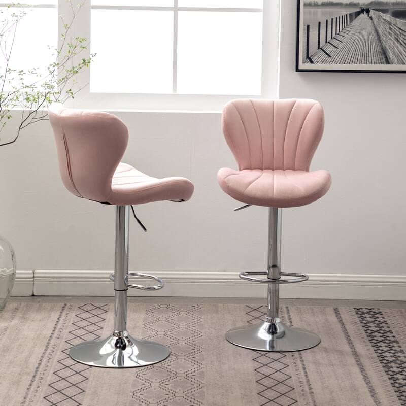 Set of 2 Adjustable Swivel Barstools with Upholstered Bucket Seats and Chrome Footrest.