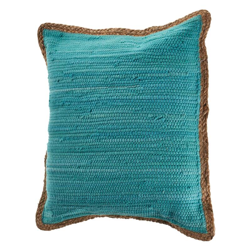 20" Turquoise Blue and Tan Handmade Bordered Square Throw Pillow