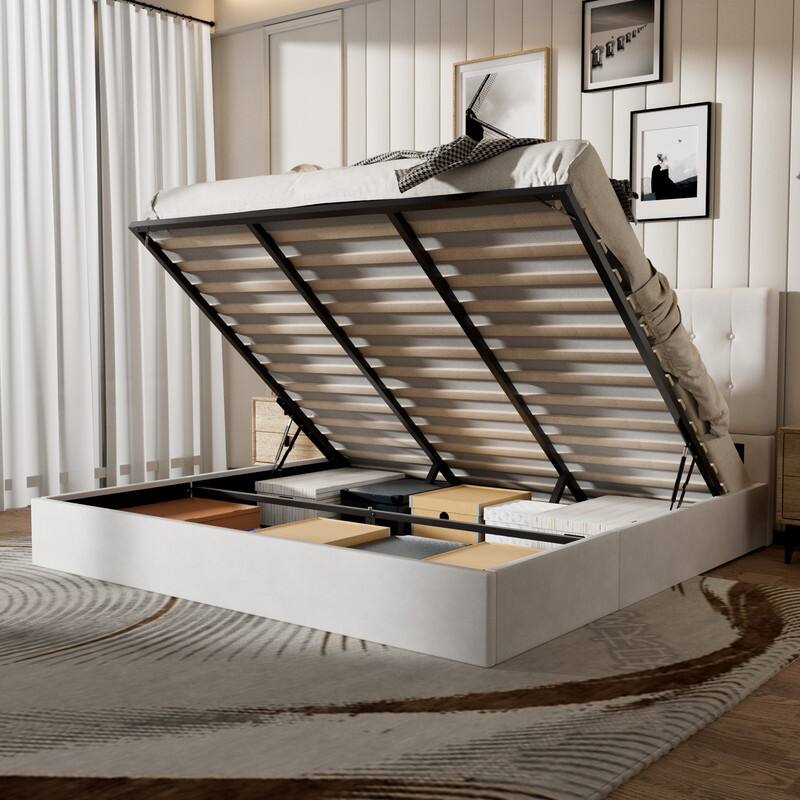 Plywood Frame Upholstered Platform Bed with Lift-up Storage
