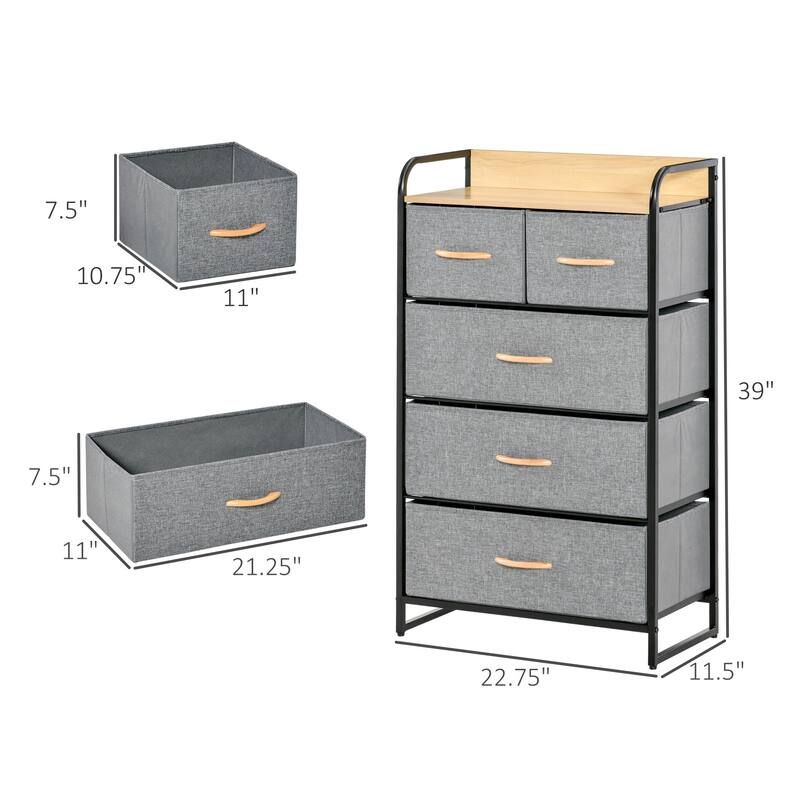 HOMCOM 5-Drawer Dresser Tower 4-Tier Storage Organizer with Steel Frame Wooden Top for Bedroom Hallway Closets