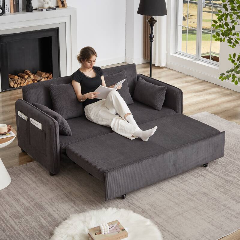 66 Inch Sleeper Sofa Bed Adjustable Sleeper With Pullout Bed 4 Pillows And Side Pockets Soft Convertible