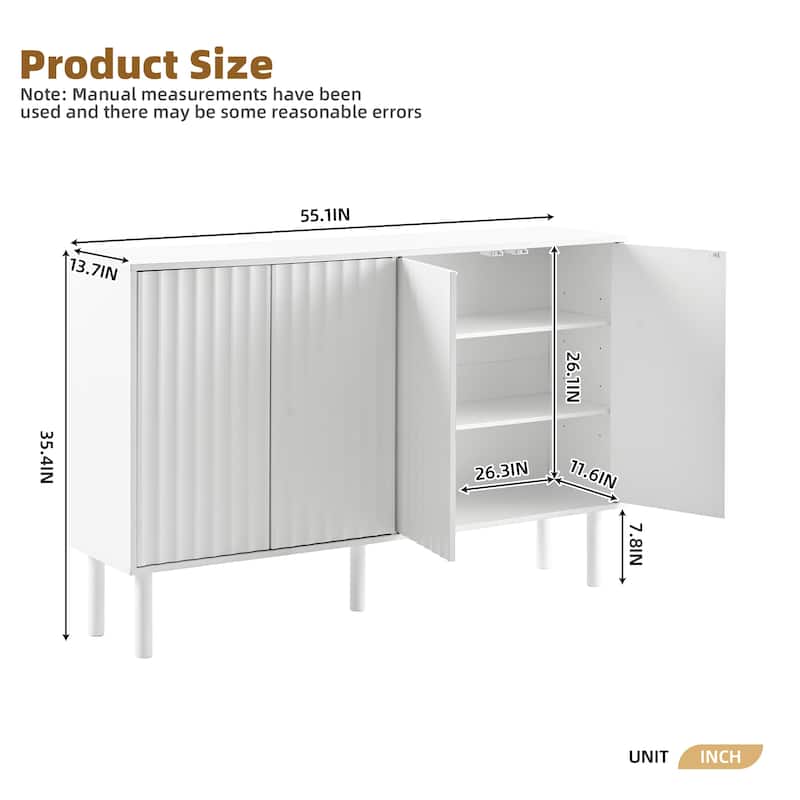 Cream Style Sideboard Buffet Cabinet with Fluted Doors, Large 4-Door Storage Cabinet with Adjustable Shelves