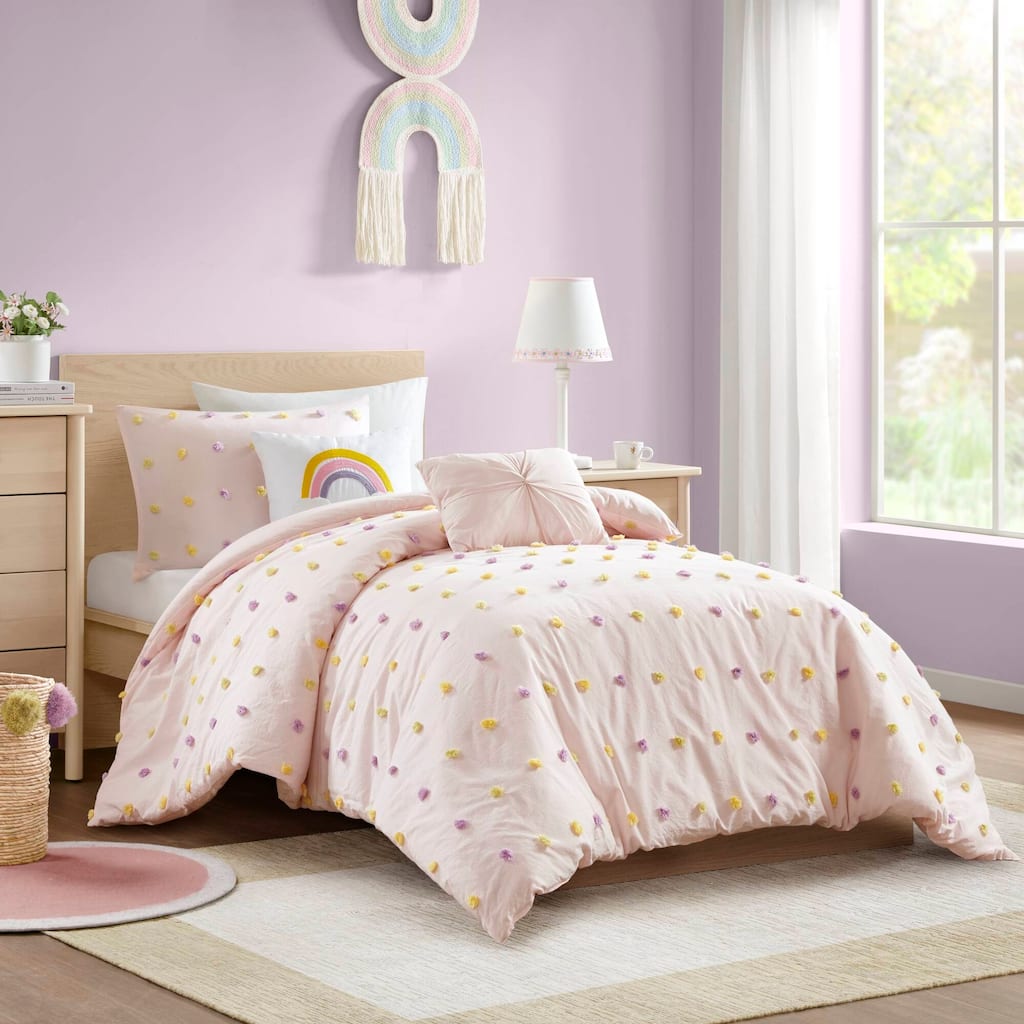4PCS Twin/Twin XL Cotton Jacquard Pom Pom Comforter Set
