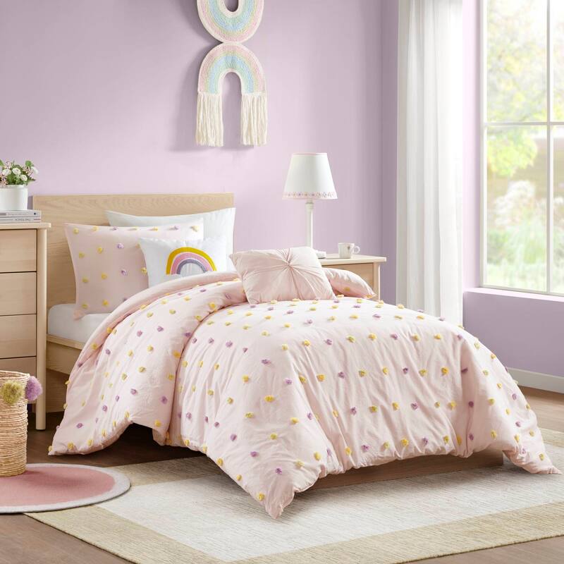 GDF Studio - Pom Pom Cotton Jacquard Comforter Set - Pink (Twin/Twin XL)