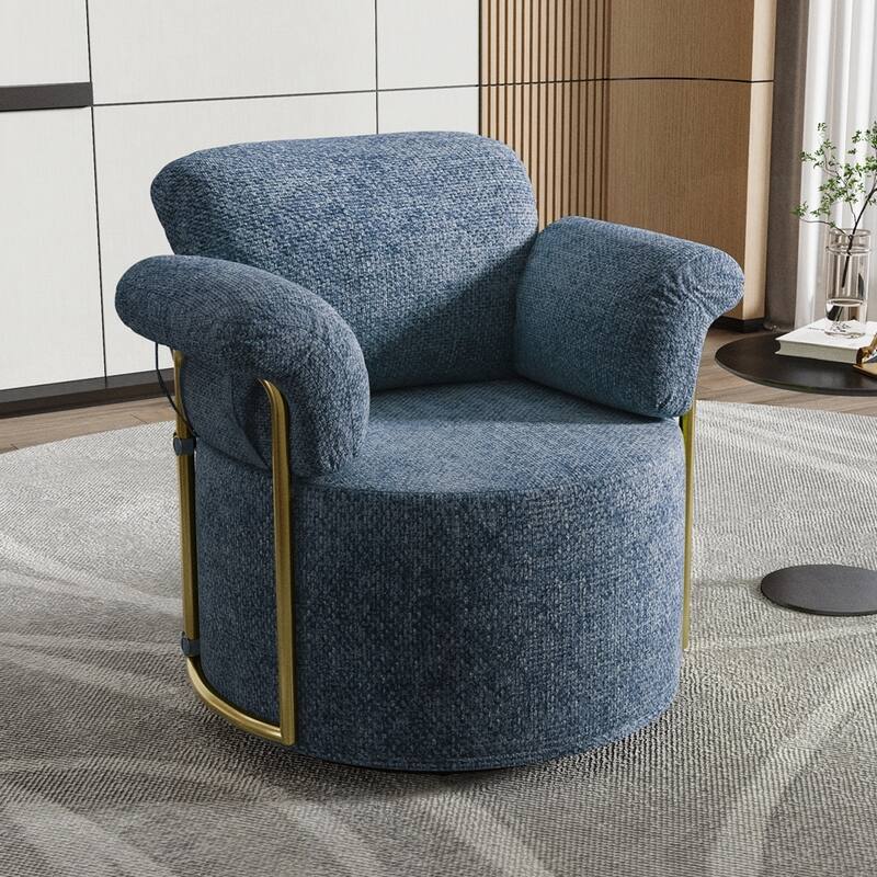 360 Degree Barrel Swivel Fluffy Fabric Lounge Wide Upholstered Reading Chair with Gold Metal Legs