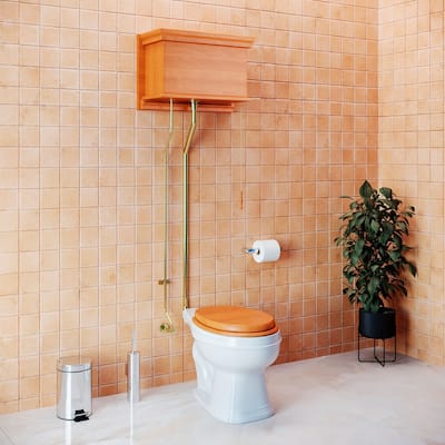 Light Oak Wooden High Tank Toilet Flat Tank, Round White Bowl and Brass PVD L Pipes