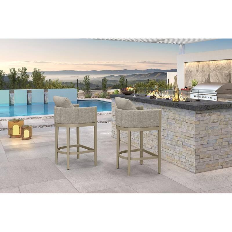 PURPLE LEAF Bar Stool Set of 2 Outdoor Rattan Bar Chair with Back Metal Bar Height Stool Wicker Barstool Dark Grey