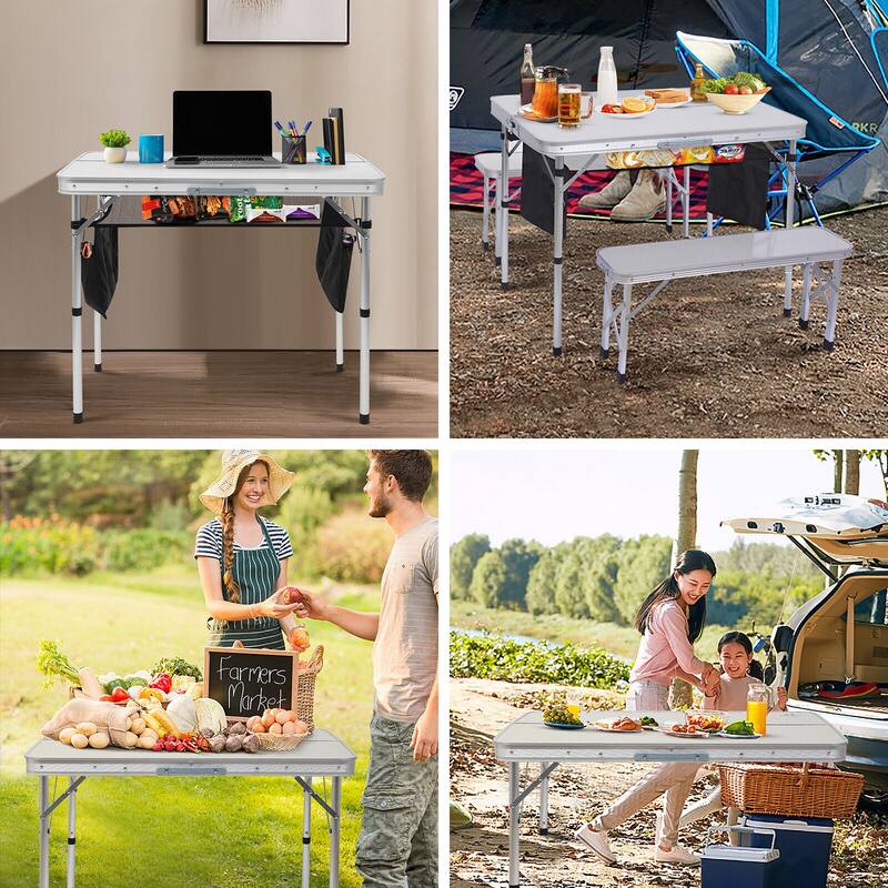 Picnic Table, Folding Picnic Table, Camping Table w/ 2 Bench, Hole for Umbrella