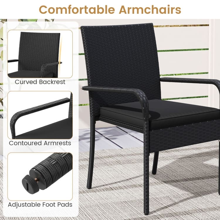 3 Piece Black PE Rattan Patio Set with Metal Frame, Cushions and Glass Table - Chair: 23" x 22.5" x 35"