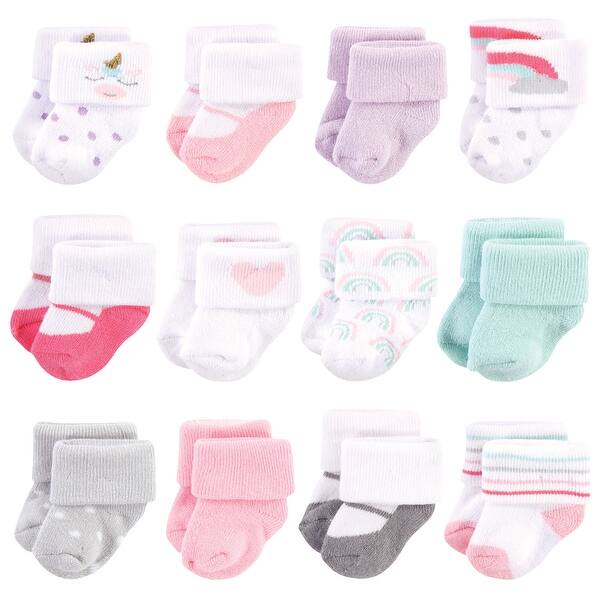 slide 1 of 1, Hudson Baby Infant Girl Cotton Rich Newborn and Terry Socks, Unicorn, 0-3 Months - Pink Unicorn Pink Unicorn - 0-3 Months