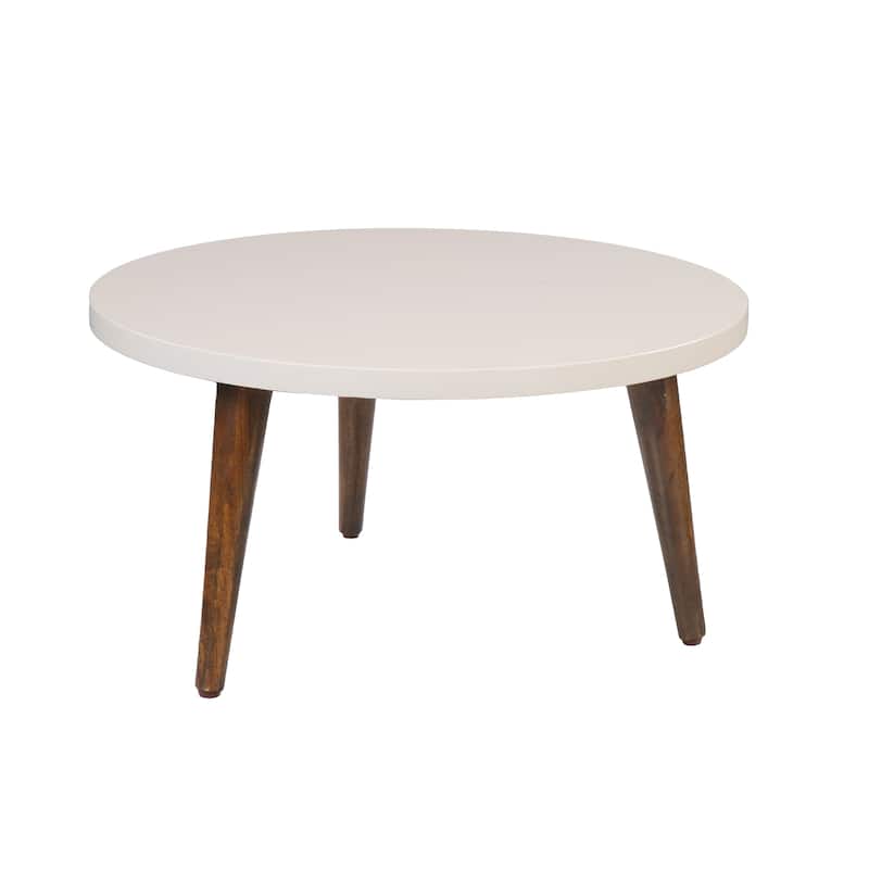 24 Inch Modern Coffee Table, Round Off White MDF Top, Tapered Brown Mango Wood Legs - White - MDF