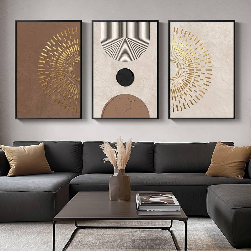 Large Minimalist Brown Beige Gold Geometric Pictures - 24 x 36