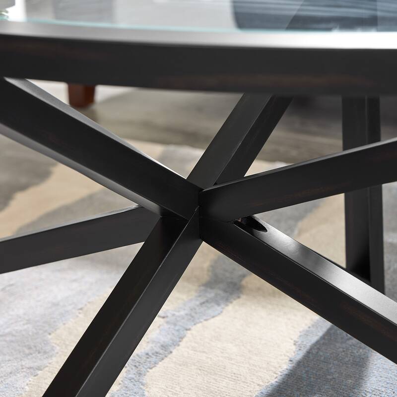 Roomfitters Modern Round Tempered Glass Coffee Table with Solid Wood Base, Transparent Top for Living Room or Study