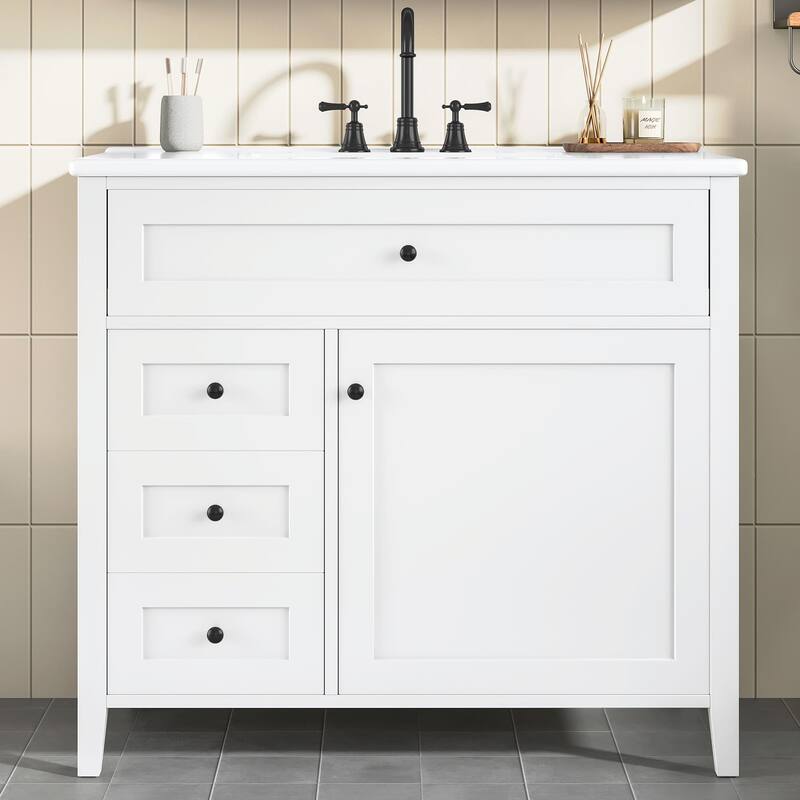 Bathroom Vanity with Sink, Modern MDF and Rubberwood Cabinet with 3 Drawers and Adjustable Shelf