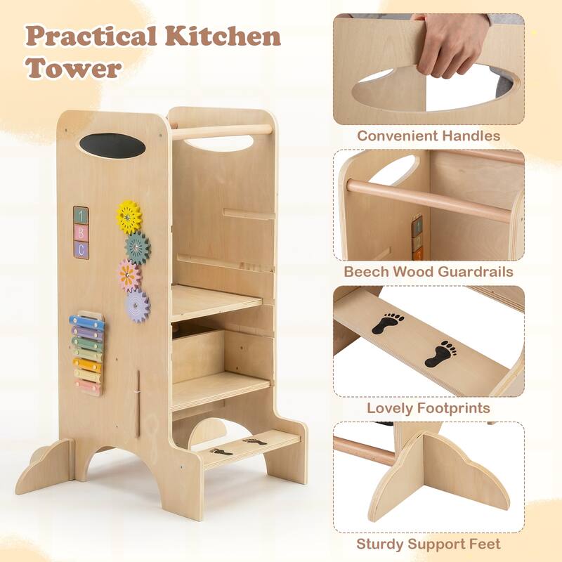 Gymax Wooden Toddler Standing Tower w/Chalkboard Montessori Games 3