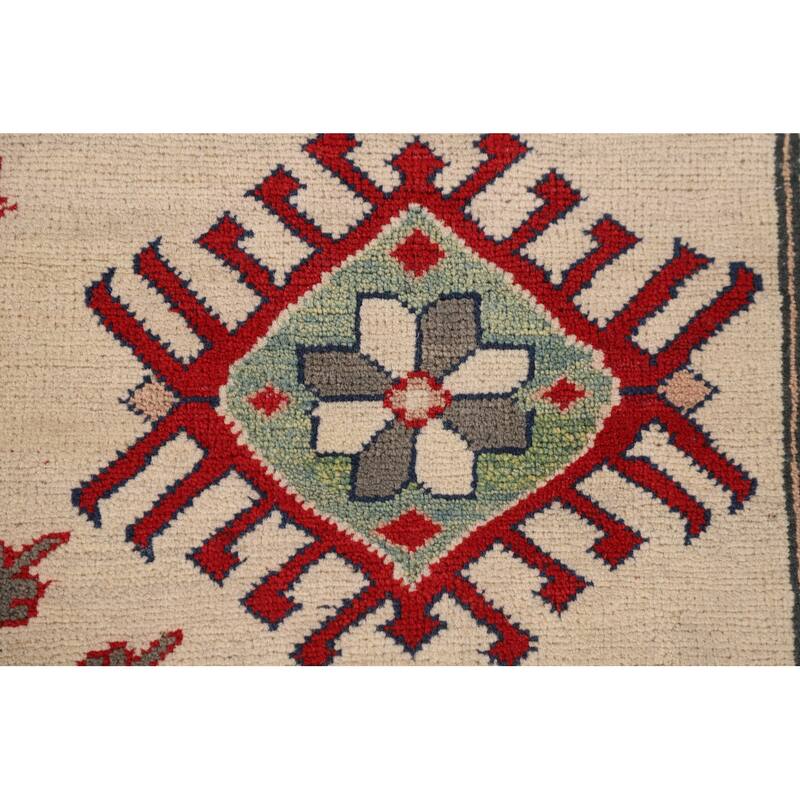 Geometric Kazak Area Rug Hand-Knotted Beige Oriental Wool Carpet - 6'9" x 9'9"