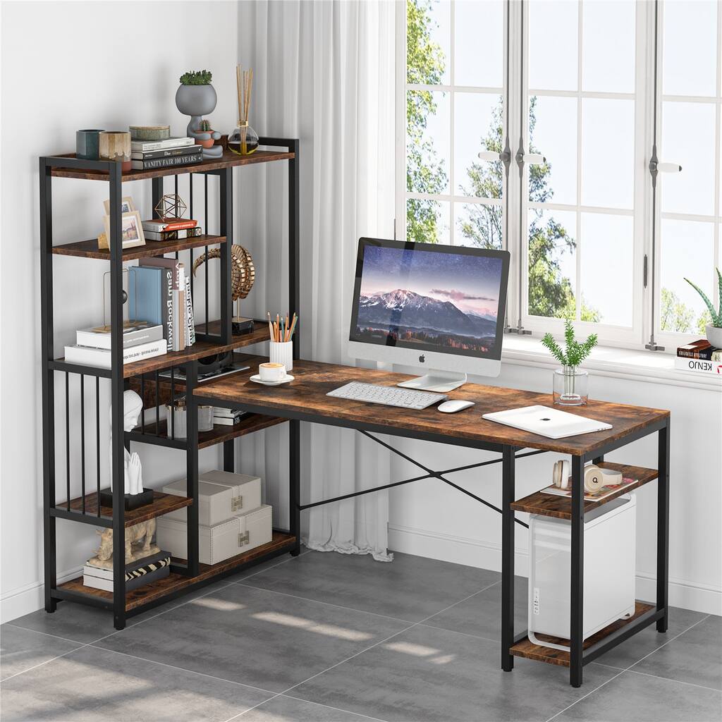 Conrner Computer Desk with Storage Shelves, L Shaped Desk