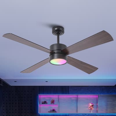 52" Black/ Distressed Brass Smart Dimmable RGB Ceiling Fan with Remote and App Control