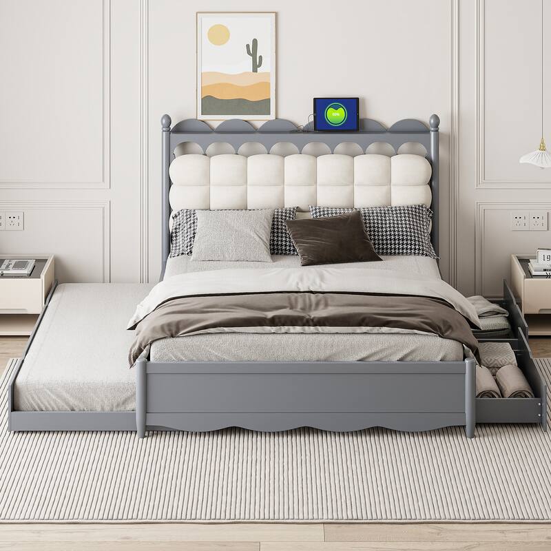Queen Size Wooden Storage Platform Bed with 2 Drawers, Trundle, USB Ports & Sockets,Gray - Gray - Queen