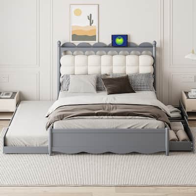 Queen Size Wooden Storage Platform Bed with 2 Drawers, Trundle, USB Ports & Sockets,Gray