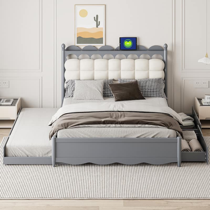 Roomfitters Queen Wooden Platform Bed with Trundle, Storage Base and USB Charging Ports
