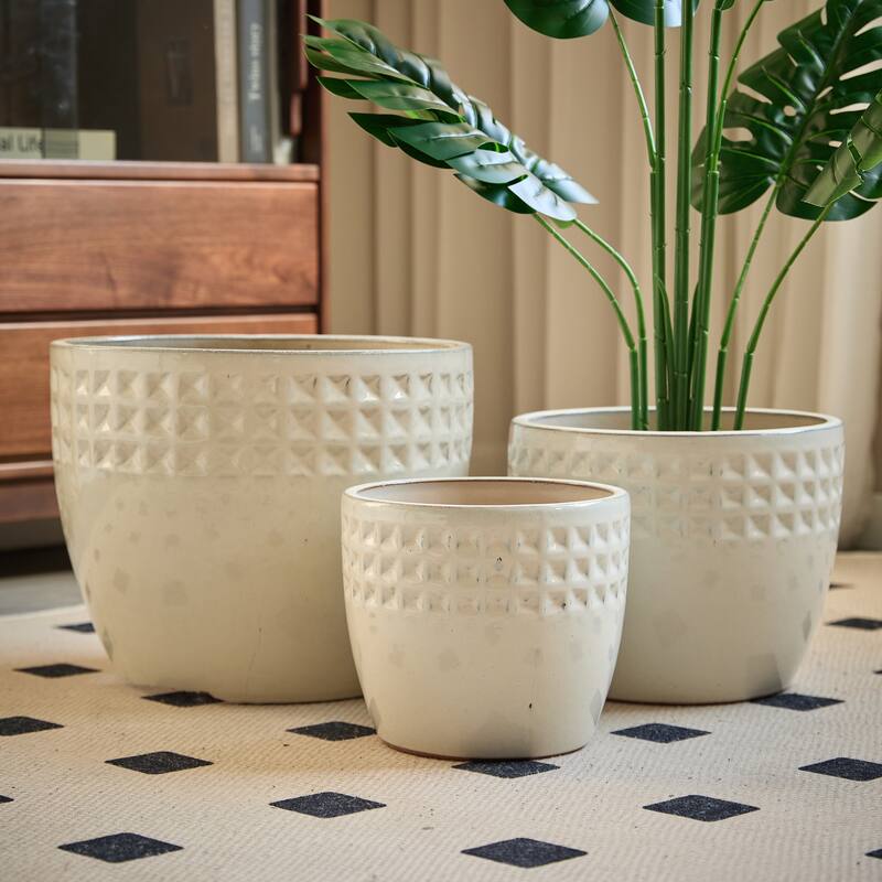 Set of 3 Ceramic Planters Diamond Pattern Plants for Succulents Herbs