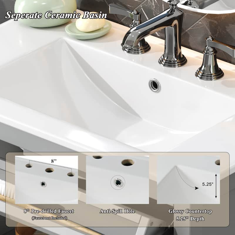 30" Modern Bathroom Vanity Set with Ceramic Sink - Adjustable Shelf & Tip-Out Tray, Soft-Close Hinges, Silver Knobs