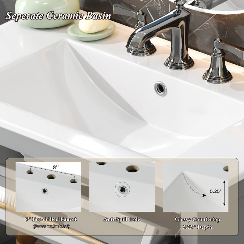 30" Vanity with Ceramic Sink, Equipped with Adjustable Shelf and Tip-Out Tray,with Solid Wood Legs,Metal Knobs and Close Hinges