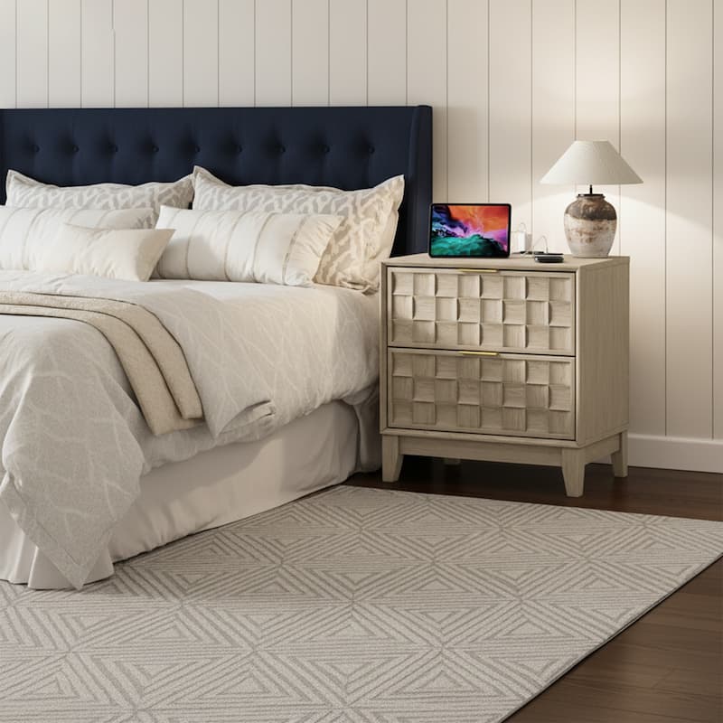 22" Modern Nightstand with Charging Station & 2 Drawers - Compact Bedroom Side Table​