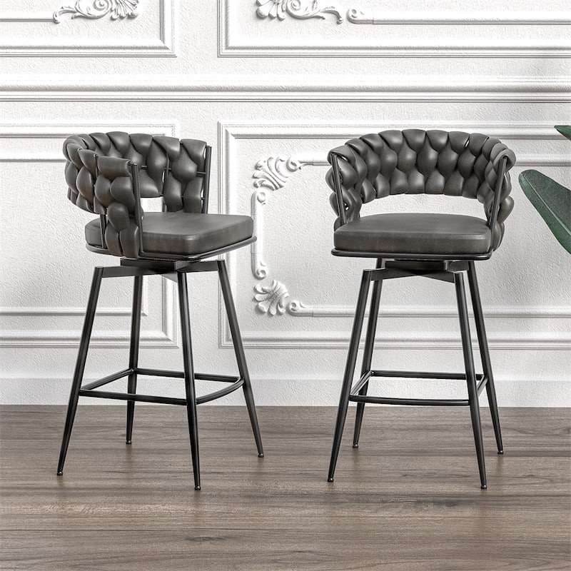 360 Swivel Leather Woven Bar Stool with Back Footrest (Set of 2) - Tan