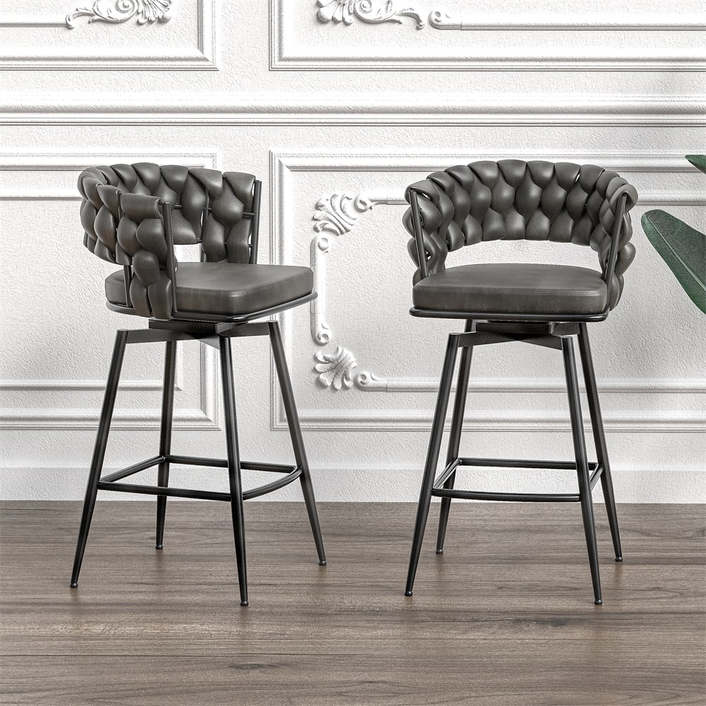 360 Swivel Leather Woven Bar Stool with Back Footrest (Set of 2)