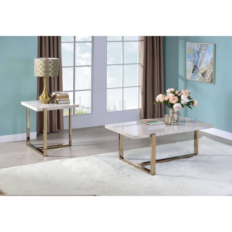 Modern Metal Framed Coffee Table with Faux Marble Top, White and Gold - 18 H x 26 W x 43.25 L Inches