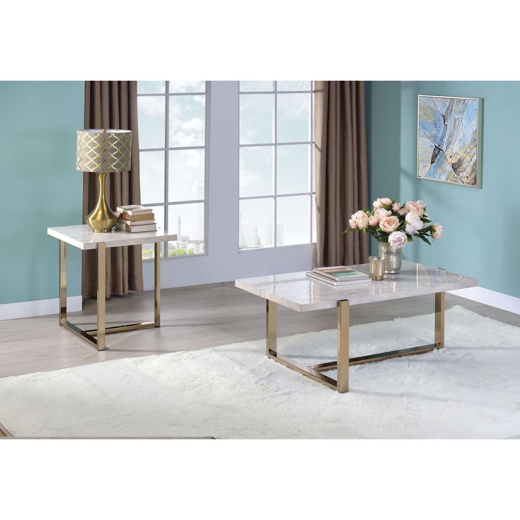 Modern Metal Framed Coffee Table with Faux Marble Top, White and Gold - 18 H x 26 W x 43.25 L Inches