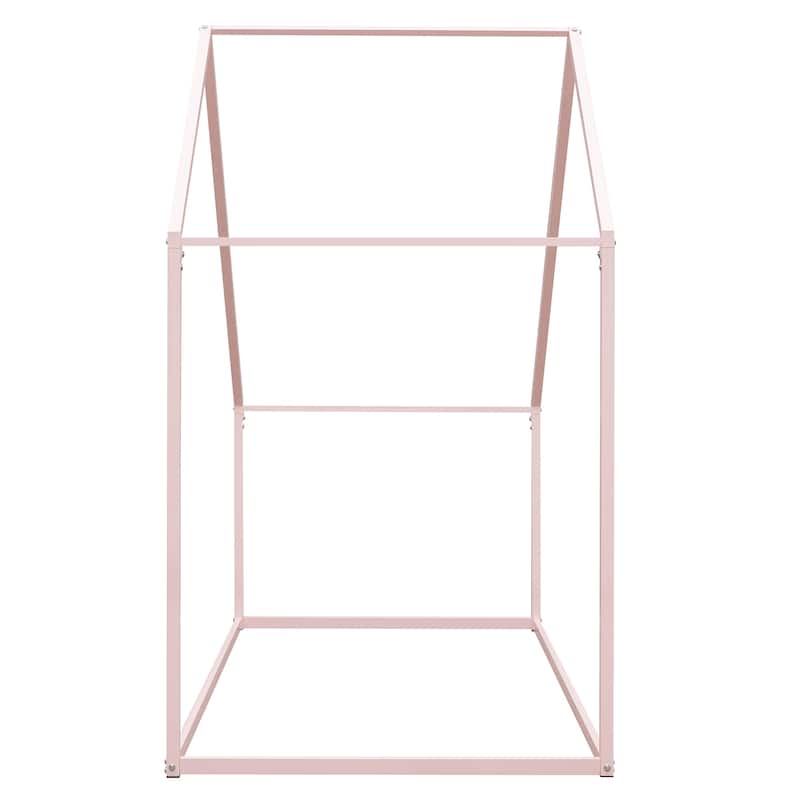 Twin Size Floor Kids Bed, Open Metal House Bed Frame with Roof Design