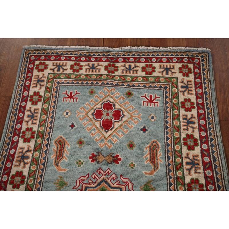 Light Blue Geometric Kazak Accent Rug Hand-Knotted Foyer Wool Carpet - 2'8" x 4'3"