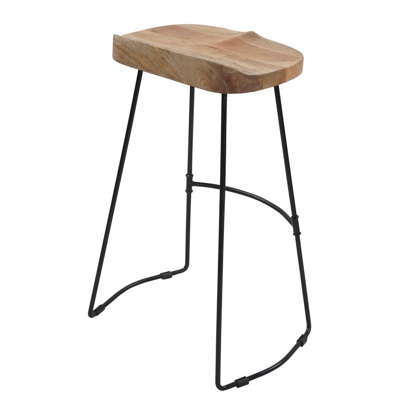 Tiva 30 Inch Handcrafted Backless Barstool, Natural Brown Mango Wood Saddle Seat, Black Metal Base