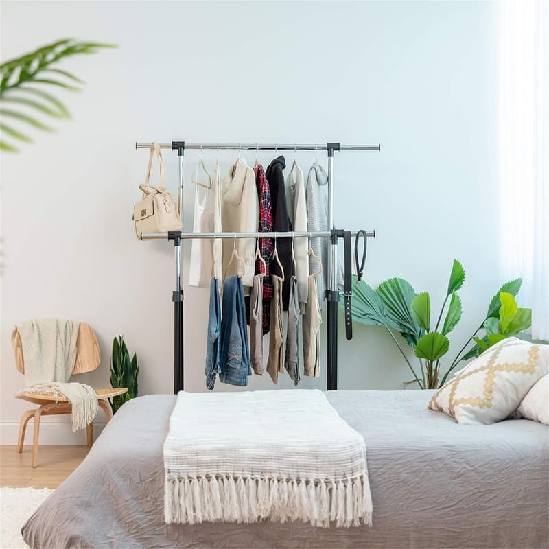 Double Rod Height Adjustable Clothes Rack with Extendable Bar and Lockable Wheels