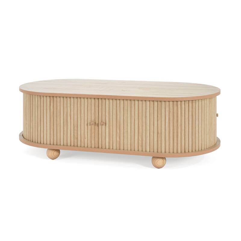 Oval Side Table Storage Table End Table with Shelves, Natural Cocktail Table Sofa Table Center Table