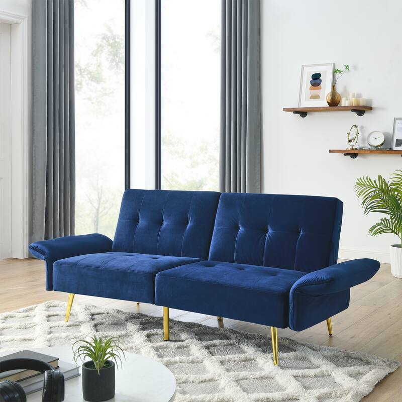 Velvet Futon Sofa Bed with Folded Armrests