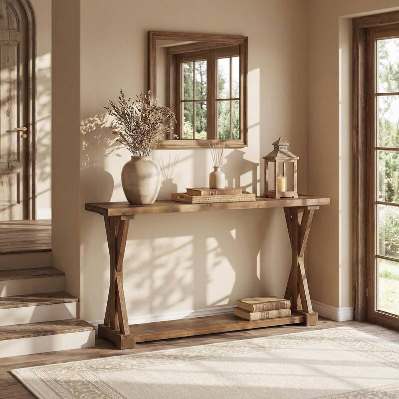Solid Wood Console Table for Entryway, 63-Inch Narrow Sofa Table Behind Couch - 62.99" L × 11.81" W × 31.89" H