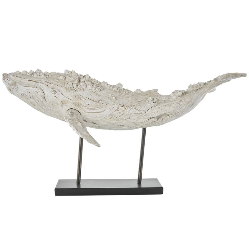 Polystone Whale Textured Decorative Sculpture with Brown Distressing and Black Metal Stand - Cream - Roche River Decor - Cream