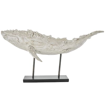 Polystone Whale Textured Decorative Sculpture with Brown Distressing and Black Metal Stand - Cream - Roche River Decor