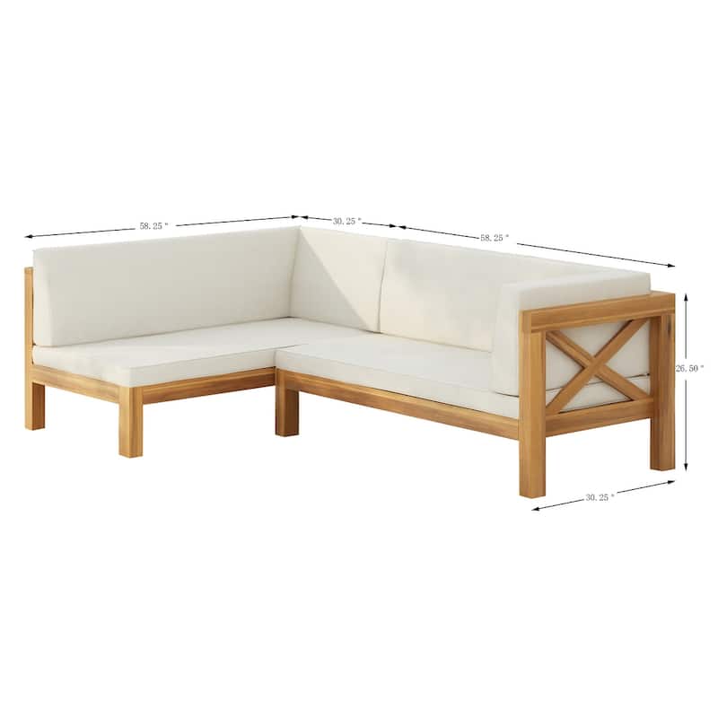 Roomfitters Outdoor Sectional Sofa Right Corner Bench with X-Back Acacia Wood Frame and Cushions