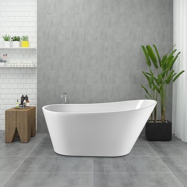 59 x 30 Inch Freestanding Acrylic Soaking Bathtub with Overflow and Pop-up Drain