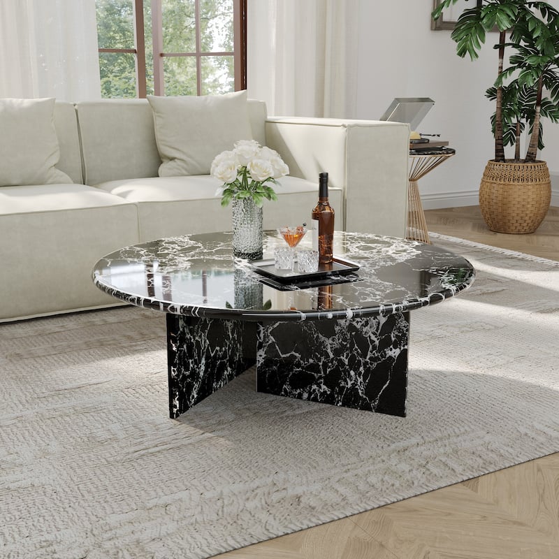 35.43"Modern Round Coffee Table,Glossy Faux Marble Table top