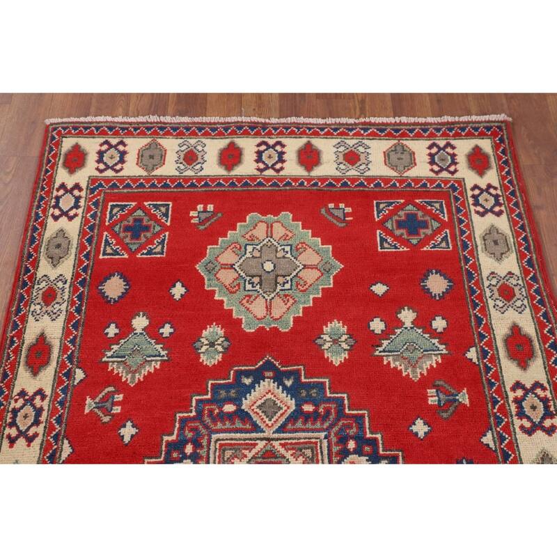 Red Kazak Accent Rug Handmade Geometric Wool Carpet - 3'2" x 4'11"